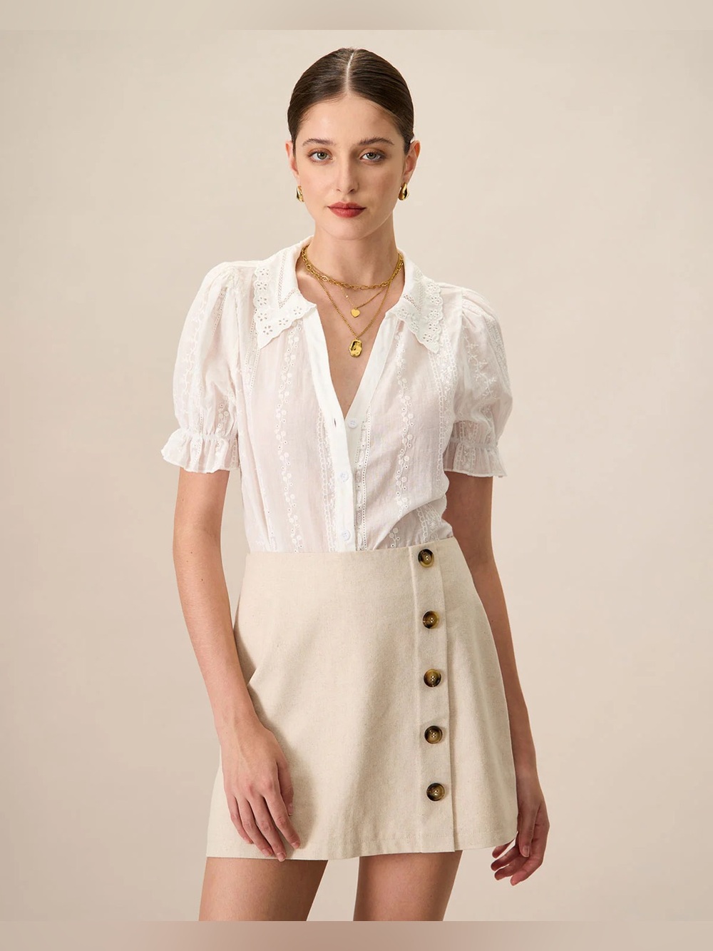 Women's White Collared Lace Embroidery Cotton Blouse